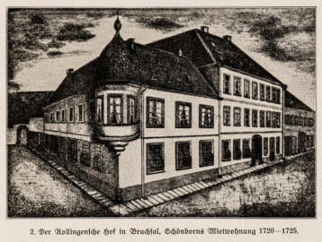 Schloss Bruchsal - Der Rollingensche Hof in Bruchsal, Schönborns Mietwohnung 1720-1725 - (Bildnachweis: Seite 7 des Buchs: "Anton Wetterer: Das Bruchsaler Schloß - Seine Baugeschichte und seine Kunst - Zur Zweihundertjahrfeier der Grundsteinlegung - 1922 herausgegeben - Zweite verbesserte Auflage, 1927 - Verlag C.F. Müller, Karlsruhe i.B."; Reproduktion durch Dr. Manfred Schneider, November 2021)