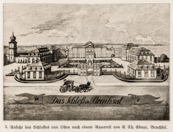 Schloss Bruchsal - Ansicht des Schlosses von Osten nach einem Aquarell von E. Th. Ebner, Bruchsal - (Bildnachweis: Seite 13 des Buchs: "Anton Wetterer: Das Bruchsaler Schloß - Seine Baugeschichte und seine Kunst - Zur Zweihundertjahrfeier der Grundsteinlegung - 1922 herausgegeben - Zweite verbesserte Auflage, 1927 - Verlag C.F. Müller, Karlsruhe i.B."; Reproduktion durch Dr. Manfred Schneider, November 2021) Schloss Bruchsal - Ansicht des Schlosses von Osten nach einem Aquarell von E. Th. Ebner, Bruchsal - (Bildnachweis: Seite 13 des Buchs: "Anton Wetterer: Das Bruchsaler Schloß - Seine Baugeschichte und seine Kunst - Zur Zweihundertjahrfeier der Grundsteinlegung - 1922 herausgegeben - Zweite verbesserte Auflage, 1927 - Verlag C.F. Müller, Karlsruhe i.B."; Reproduktion durch Dr. Manfred Schneider, November 2021)