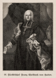 Schloss Bruchsal - Fürstbischof Franz Christoph von Hutten - (Bildnachweis: Seite 41 des Buchs: "Anton Wetterer: Das Bruchsaler Schloß - Seine Baugeschichte und seine Kunst - Zur Zweihundertjahrfeier der Grundsteinlegung - 1922 herausgegeben - Zweite verbesserte Auflage, 1927 - Verlag C.F. Müller, Karlsruhe i.B."; Reproduktion durch Dr. Manfred Schneider, November 2021)