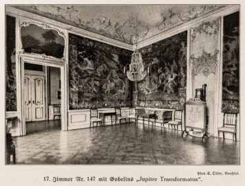 Schloss Bruchsal - Zimmer Nr. 147 (Galeriezimmer) mit Tapisserie "Jupiter Transformatus" - (Fotograf: Carl Ohler, Bruchsal; Bildnachweis: Seite 43 des Buchs: "Anton Wetterer: Das Bruchsaler Schloß - Seine Baugeschichte und seine Kunst - Zur Zweihundertjahrfeier der Grundsteinlegung - 1922 herausgegeben - Zweite verbesserte Auflage, 1927 - Verlag C.F. Müller, Karlsruhe i.B."; Reproduktion durch Dr. Manfred Schneider, November 2021)