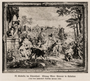 Schloss Bruchsal - Gobelin (Tapisserie) im Thronsaal. Einzug Marc Antons in Ephesus - (Jahresheft Badische Heimat 1922; Bildnachweis: Seite 77 des Buchs: "Anton Wetterer: Das Bruchsaler Schloß - Seine Baugeschichte und seine Kunst - Zur Zweihundertjahrfeier der Grundsteinlegung - 1922 herausgegeben - Zweite verbesserte Auflage, 1927 - Verlag C.F. Müller, Karlsruhe i.B."; Reproduktion durch Dr. Manfred Schneider, November 2021) Schloss Bruchsal - Gobelin (Tapisserie) im Thronsaal. Einzug Marc Antons in Ephesus - (Jahresheft Badische Heimat 1922; Bildnachweis: Seite 77 des Buchs: "Anton Wetterer: Das Bruchsaler Schloß - Seine Baugeschichte und seine Kunst - Zur Zweihundertjahrfeier der Grundsteinlegung - 1922 herausgegeben - Zweite verbesserte Auflage, 1927 - Verlag C.F. Müller, Karlsruhe i.B."; Reproduktion durch Dr. Manfred Schneider, November 2021)