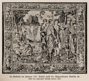 Schloss Bruchsal - Gobelin (Tapisserie) im Zimmer 112 (Arbeitszimmer): Nabal weist die Abgeordneten Davids ab - (Jahresheft Badische Heimat 1922; Bildnachweis: Seite 83 des Buchs: "Anton Wetterer: Das Bruchsaler Schloß - Seine Baugeschichte und seine Kunst - Zur Zweihundertjahrfeier der Grundsteinlegung - 1922 herausgegeben - Zweite verbesserte Auflage, 1927 - Verlag C.F. Müller, Karlsruhe i.B."; Reproduktion durch Dr. Manfred Schneider, November 2021)