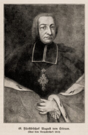 Schloss Bruchsal - Fürstbischof August von Stirum - (Bildnachweis: Seite 108 des Buchs: "Anton Wetterer: Das Bruchsaler Schloß - Seine Baugeschichte und seine Kunst - Zur Zweihundertjahrfeier der Grundsteinlegung - 1922 herausgegeben - Zweite verbesserte Auflage, 1927 - Verlag C.F. Müller, Karlsruhe i.B."; Reproduktion durch Dr. Manfred Schneider, November 2021) Schloss Bruchsal - Fürstbischof August von Stirum - (Bildnachweis: Seite 108 des Buchs: "Anton Wetterer: Das Bruchsaler Schloß - Seine Baugeschichte und seine Kunst - Zur Zweihundertjahrfeier der Grundsteinlegung - 1922 herausgegeben - Zweite verbesserte Auflage, 1927 - Verlag C.F. Müller, Karlsruhe i.B."; Reproduktion durch Dr. Manfred Schneider, November 2021)