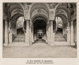 Schloss Bruchsal - Das Vestibül im Hauptbau- (Bildnachweis: Seite 33 des Buchs: "Anton Wetterer: Das Bruchsaler Schloß - Seine Baugeschichte und seine Kunst - Zur Zweihundertjahrfeier der Grundsteinlegung - 1922 herausgegeben - Zweite verbesserte Auflage, 1927 - Verlag C.F. Müller, Karlsruhe i.B."; Reproduktion durch Dr. Manfred Schneider, November 2021)