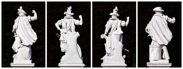 Schloss Bruchsal - Schlossterrasse, Westseite / Schlossgarten, Ostseite - 1. bis 4. Skulptur von Süden - Blick von der Terrasse auf die vier "Hellebardiere", als "Wächter" des Schlosses (gehauen von Joachim Günther, 1758 bis 1763) (aufgenommen im September 2018, am späten Vormittag) Schloss Bruchsal - Schlossterrasse, Westseite / Schlossgarten, Ostseite - 1. bis 4. Skulptur von Süden - Blick von der Terrasse auf die vier "Hellebardiere", als "Wächter" des Schlosses (gehauen von Joachim Günther, 1758 bis 1763) (aufgenommen im September 2018, am späten Vormittag)