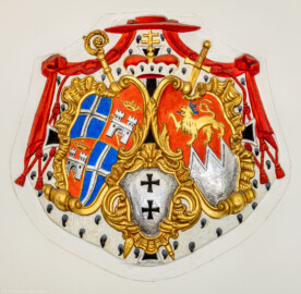 Schloss Bruchsal - Hauptbau / Corps de Logis - Erdgeschoss, Südhälfte - Dokumentationsräume „Schloss Bruchsal – gebaut, zerstört, wiedererstanden“ - Landeswappen des Fürstbistums Speyer zur Regierungszeit des Fürstbischofs Kardinal Graf Damian Hugo von Schönborn - Linkes Wappen: links oben und rechts unten: Wappen des Bistums Speyer, links unten und rechts oben: Wappen der Fürstpropstei Weissenburg - Rechtes Wappen: persönliches Wappen von Damian Hugo von Schönborn - Mittleres unteres Wappen: zweifaches Deutsch-Ordenskreuz für die Ordensballeien Altenbiesen und Hessen (aufgenommen im April 2018, am späten Vormittag) Schloss Bruchsal - Hauptbau / Corps de Logis - Erdgeschoss, Südhälfte - Dokumentationsräume „Schloss Bruchsal – gebaut, zerstört, wiedererstanden“ - Landeswappen des Fürstbistums Speyer zur Regierungszeit des Fürstbischofs Kardinal Graf Damian Hugo von Schönborn - Linkes Wappen: links oben und rechts unten: Wappen des Bistums Speyer, links unten und rechts oben: Wappen der Fürstpropstei Weissenburg - Rechtes Wappen: persönliches Wappen von Damian Hugo von Schönborn - Mittleres unteres Wappen: zweifaches Deutsch-Ordenskreuz für die Ordensballeien Altenbiesen und Hessen (aufgenommen im April 2018, am späten Vormittag)