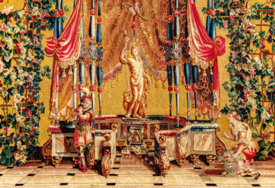 Schloss Bruchsal - Hauptbau / Corps de Logis - Von innen - Beletage - Jagdzimmer - Östliche Wand, Nordseite - Ausschnitt aus der Tapisserie "Bacchus" aus der "Groteskenserie" (Inv.Nr. G 105; Höhe x Breite: 341 cm x 285 cm; hergestellt in der Werkstatt von Philippe Behagle (Vater oder Sohn) in Beauvais zwischen 1685 und 1719; Entwürfe von Jean-Baptiste Monnoyer, Guy-Louis de Vernansal, Jean-Baptiste B(e)lin de Fontenay; restauriert 1960 und nach 2007) (aufgenommen im April 2018, am Nachmittag) Schloss Bruchsal - Hauptbau / Corps de Logis - Von innen - Beletage - Jagdzimmer - Östliche Wand, Nordseite - Ausschnitt aus der Tapisserie "Bacchus" aus der "Groteskenserie" (Inv.Nr. G 105; Höhe x Breite: 341 cm x 285 cm; hergestellt in der Werkstatt von Philippe Behagle (Vater oder Sohn) in Beauvais zwischen 1685 und 1719; Entwürfe von Jean-Baptiste Monnoyer, Guy-Louis de Vernansal, Jean-Baptiste B(e)lin de Fontenay; restauriert 1960 und nach 2007) (aufgenommen im April 2018, am Nachmittag)