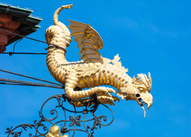Schloss Bruchsal - Von Außen - Hauptbau - Von Osten / Hofseite - Oben, ganz rechts - Basilisk / Drache als Zierwasserspeier (aufgenommen im April 2018, am späten Vormittag)