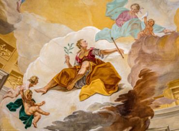 Schloss Bruchsal - Hauptbau / Corps de Logis - Beletage - Kuppelsaal - Kuppelfresko - Ausschnitt aus der südlichen "himmlischen" Zone - Mitte: Darstellung der göttlichen Sicherheit als Frau mit Lorbeerzweig als Siegessymbol und Zepter; oben rechts eine Darstellung der göttlichen Treue als junges Mädchen, begleitet von einem Genius mit Taube (urspünglich gemalt 1752 von Johannes Zick und Sohn Januarius, originalgetreu rekonstruiert 1966 von Karl Manninger) (aufgenommen im Mai 2018, am Nachmittag) Schloss Bruchsal - Hauptbau / Corps de Logis - Beletage - Kuppelsaal - Kuppelfresko - Ausschnitt aus der südlichen "himmlischen" Zone - Mitte: Darstellung der göttlichen Sicherheit als Frau mit Lorbeerzweig als Siegessymbol und Zepter; oben rechts eine Darstellung der göttlichen Treue als junges Mädchen, begleitet von einem Genius mit Taube (urspünglich gemalt 1752 von Johannes Zick und Sohn Januarius, originalgetreu rekonstruiert 1966 von Karl Manninger) (aufgenommen im Mai 2018, am Nachmittag)