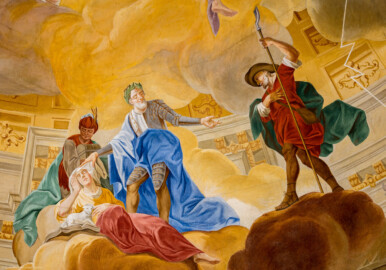 Schloss Bruchsal - Hauptbau / Corps de Logis - Beletage - Kuppelsaal - Kuppelfresko - Ausschnitt aus der südwestlichen "himmlischen" Zone - mittig eine Darstellung des Merowingerkönigs Dagobert mit Rüstung und Lorbeerkranz, dem erneut blinden Heidentum (links unten dargestellt als Frau) das Tuch vom Gesicht ziehend; rechts eine Darstellung des Bischofs Athanasius (dritter Bischof von Speyer, bis 650 n.Chr.) als Hirte, mit rotem Gewand, Hut und Hirtenstab (urspünglich gemalt 1752 von Johannes Zick und Sohn Januarius, originalgetreu rekonstruiert 1966 von Karl Manninger) (aufgenommen im Mai 2018, am Nachmittag) Schloss Bruchsal - Hauptbau / Corps de Logis - Beletage - Kuppelsaal - Kuppelfresko - Ausschnitt aus der südwestlichen "himmlischen" Zone - mittig eine Darstellung des Merowingerkönigs Dagobert mit Rüstung und Lorbeerkranz, dem erneut blinden Heidentum (links unten dargestellt als Frau) das Tuch vom Gesicht ziehend; rechts eine Darstellung des Bischofs Athanasius (dritter Bischof von Speyer, bis 650 n.Chr.) als Hirte, mit rotem Gewand, Hut und Hirtenstab (urspünglich gemalt 1752 von Johannes Zick und Sohn Januarius, originalgetreu rekonstruiert 1966 von Karl Manninger) (aufgenommen im Mai 2018, am Nachmittag)