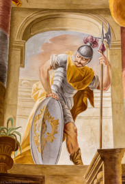 Schloss Bruchsal - Hauptbau / Corps de Logis - Beletage - Kuppelsaal - Kuppelfresko - Ausschnitt aus dem südlichen "irdischen" Bereich - Soldat als Staffagefigur (urspünglich gemalt 1752 von Johannes Zick und Sohn Januarius, originalgetreu rekonstruiert 1966 von Karl Manninger) (aufgenommen im Mai 2018, am Nachmittag) Schloss Bruchsal - Hauptbau / Corps de Logis - Beletage - Kuppelsaal - Kuppelfresko - Ausschnitt aus dem südlichen "irdischen" Bereich - Soldat als Staffagefigur (urspünglich gemalt 1752 von Johannes Zick und Sohn Januarius, originalgetreu rekonstruiert 1966 von Karl Manninger) (aufgenommen im Mai 2018, am Nachmittag)
