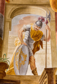 Schloss Bruchsal - Hauptbau / Corps de Logis - Beletage - Kuppelsaal - Kuppelfresko - Ausschnitt aus dem südlichen "irdischen" Bereich - Soldat als Staffagefigur (urspünglich gemalt 1752 von Johannes Zick und Sohn Januarius, originalgetreu rekonstruiert 1966 von Karl Manninger) (aufgenommen im Mai 2018, am Nachmittag) Schloss Bruchsal - Hauptbau / Corps de Logis - Beletage - Kuppelsaal - Kuppelfresko - Ausschnitt aus dem südlichen "irdischen" Bereich - Soldat als Staffagefigur (urspünglich gemalt 1752 von Johannes Zick und Sohn Januarius, originalgetreu rekonstruiert 1966 von Karl Manninger) (aufgenommen im Mai 2018, am Nachmittag)