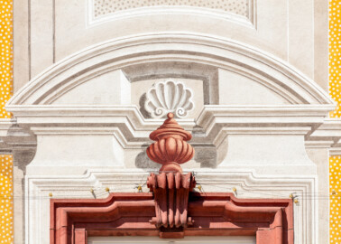 Schloss Bruchsal - Von Außen / Von Süden - Hauptbau - Detail der illusionistischen Fassadenmalerei (ursprünglich gemalt von Giovanni Francesco Marchini, zwischen 1732 und 1737) (aufgenommen im Mai 2018, am Nachmittag)