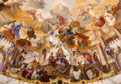 Schloss Bruchsal - Hauptbau / Corps de Logis - Beletage - Kuppelsaal - Blick von Osten nach Westen in die rekonstruierte Kuppel - Im Zentrum: Fürstbischof Franz Christoph von Hutten als Bauherr und Förderer der Künste (Urspüngliche Malereien von Johannes Zick und Sohn Januarius, 1752, originalgetreue Rekonstruktion von Karl Manninger, 1966) (aufgenommen im Juni 2018, um die Mittagszeit) Schloss Bruchsal - Hauptbau / Corps de Logis - Beletage - Kuppelsaal - Blick von Osten nach Westen in die rekonstruierte Kuppel - Im Zentrum: Fürstbischof Franz Christoph von Hutten als Bauherr und Förderer der Künste (Urspüngliche Malereien von Johannes Zick und Sohn Januarius, 1752, originalgetreue Rekonstruktion von Karl Manninger, 1966) (aufgenommen im Juni 2018, um die Mittagszeit)