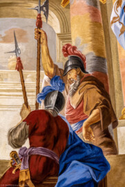 Schloss Bruchsal - Hauptbau / Corps de Logis - Beletage - Kuppelsaal - Kuppelfresko - Ausschnitt aus dem nördlichen "irdischen" Bereich - Zwei Soldaten als Staffagefiguren (urspünglich gemalt 1752 von Johannes Zick und Sohn Januarius, originalgetreu rekonstruiert 1966 von Karl Manninger) (aufgenommen im Juni 2018, am Nachmittag) Schloss Bruchsal - Hauptbau / Corps de Logis - Beletage - Kuppelsaal - Kuppelfresko - Ausschnitt aus dem nördlichen "irdischen" Bereich - Zwei Soldaten als Staffagefiguren (urspünglich gemalt 1752 von Johannes Zick und Sohn Januarius, originalgetreu rekonstruiert 1966 von Karl Manninger) (aufgenommen im Juni 2018, am Nachmittag)