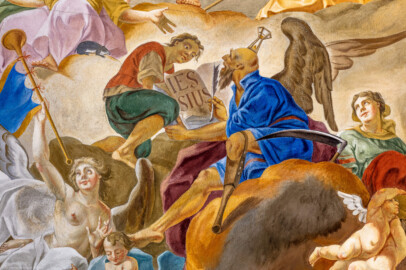 Schloss Bruchsal - Hauptbau / Corps de Logis - Beletage - Kuppelsaal - Kuppelfresko - Ausschnitt aus der westlichen "himmlischen" Zone - Mittig die Darstellung des Zeitgotts Chronos mit Holzbein, Sense und Stundenglas; er schreibt den Namen Jessius auf eine Schriftrolle, die Zeit des Heidentums ist nun vorbei; links unten eine Darstellung der Ruhmesgöttin Fama mit Posaune, die den Sieg des Christentums über das Heidentum verkündet; rechts mittig eine Darstellung der Concordia, die Eintracht im Bistum Speyer symbolisierend (urspünglich gemalt 1752 von Johannes Zick und Sohn Januarius, originalgetreu rekonstruiert 1966 von Karl Manninger) (aufgenommen im Juni 2018, am Nachmittag) Schloss Bruchsal - Hauptbau / Corps de Logis - Beletage - Kuppelsaal - Kuppelfresko - Ausschnitt aus der westlichen "himmlischen" Zone - Mittig die Darstellung des Zeitgotts Chronos mit Holzbein, Sense und Stundenglas; er schreibt den Namen Jessius auf eine Schriftrolle, die Zeit des Heidentums ist nun vorbei; links unten eine Darstellung der Ruhmesgöttin Fama mit Posaune, die den Sieg des Christentums über das Heidentum verkündet; rechts mittig eine Darstellung der Concordia, die Eintracht im Bistum Speyer symbolisierend (urspünglich gemalt 1752 von Johannes Zick und Sohn Januarius, originalgetreu rekonstruiert 1966 von Karl Manninger) (aufgenommen im Juni 2018, am Nachmittag)