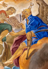 Schloss Bruchsal - Hauptbau / Corps de Logis - Beletage - Kuppelsaal - Kuppelfresko - Ausschnitt aus der westlichen "himmlischen" Zone - Darstellung des Zeitgotts Chronos mit Holzbein, Sense und Stundenglas; er schreibt den Namen Jessius auf eine Schriftrolle, die Zeit des Heidentums ist nun vorbei (urspünglich gemalt 1752 von Johannes Zick und Sohn Januarius, originalgetreu rekonstruiert 1966 von Karl Manninger) (aufgenommen im Juni 2018, am Nachmittag) Schloss Bruchsal - Hauptbau / Corps de Logis - Beletage - Kuppelsaal - Kuppelfresko - Ausschnitt aus der westlichen "himmlischen" Zone - Darstellung des Zeitgotts Chronos mit Holzbein, Sense und Stundenglas; er schreibt den Namen Jessius auf eine Schriftrolle, die Zeit des Heidentums ist nun vorbei (urspünglich gemalt 1752 von Johannes Zick und Sohn Januarius, originalgetreu rekonstruiert 1966 von Karl Manninger) (aufgenommen im Juni 2018, am Nachmittag)