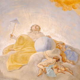 Schloss Bruchsal - Hauptbau / Corps de Logis - Beletage - Kuppelsaal - Kuppelfresko - Ausschnitt aus der westlichen "himmlischen" Zone, nahe dem Zentrum - Darstellung der Providenz (Divina Providentia, göttliche Vorsehung) mit Weltkugel und Zepter mit einem Dreieck, darin das Auge Gottes (das über die Geschicke des Bistums Speyer und der Residenz in Bruchsal wacht) (urspünglich gemalt 1752 von Johannes Zick und Sohn Januarius, originalgetreu rekonstruiert 1966 von Karl Manninger) (aufgenommen im Juni 2018, am späten Nachmittag) Schloss Bruchsal - Hauptbau / Corps de Logis - Beletage - Kuppelsaal - Kuppelfresko - Ausschnitt aus der westlichen "himmlischen" Zone, nahe dem Zentrum - Darstellung der Providenz (Divina Providentia, göttliche Vorsehung) mit Weltkugel und Zepter mit einem Dreieck, darin das Auge Gottes (das über die Geschicke des Bistums Speyer und der Residenz in Bruchsal wacht) (urspünglich gemalt 1752 von Johannes Zick und Sohn Januarius, originalgetreu rekonstruiert 1966 von Karl Manninger) (aufgenommen im Juni 2018, am späten Nachmittag)