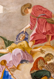 Schloss Bruchsal - Hauptbau / Corps de Logis - Beletage - Kuppelsaal - Kuppelfresko - Ausschnitt aus der westlichen "himmlischen" Zone - Darstellung von Jesse als Hirte (oben rechts, erster Bischof von Speyer, um 346), der dem blinden Heidentum (dargestellt als Frau, unten links) den Schleier vom Gesicht, sodass es sehend werde (urspünglich gemalt 1752 von Johannes Zick und Sohn Januarius, originalgetreu rekonstruiert 1966 von Karl Manninger) (aufgenommen im Juli 2018, am frühen Nachmittag) Schloss Bruchsal - Hauptbau / Corps de Logis - Beletage - Kuppelsaal - Kuppelfresko - Ausschnitt aus der westlichen "himmlischen" Zone - Darstellung von Jesse als Hirte (oben rechts, erster Bischof von Speyer, um 346), der dem blinden Heidentum (dargestellt als Frau, unten links) den Schleier vom Gesicht, sodass es sehend werde (urspünglich gemalt 1752 von Johannes Zick und Sohn Januarius, originalgetreu rekonstruiert 1966 von Karl Manninger) (aufgenommen im Juli 2018, am frühen Nachmittag)