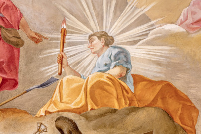 Schloss Bruchsal - Hauptbau / Corps de Logis - Beletage - Kuppelsaal - Kuppelfresko - Ausschnitt aus der westlichen "himmlischen" Zone - Darstellung der göttlichen Erkenntnis als Frau mit Fackel in der Hand und Strahlenkranz um den Kopf, die Speyer zum Christentum geführt hat (urspünglich gemalt 1752 von Johannes Zick und Sohn Januarius, originalgetreu rekonstruiert 1966 von Karl Manninger) (aufgenommen im Juli 2018, am frühen Nachmittag) Schloss Bruchsal - Hauptbau / Corps de Logis - Beletage - Kuppelsaal - Kuppelfresko - Ausschnitt aus der westlichen "himmlischen" Zone - Darstellung der göttlichen Erkenntnis als Frau mit Fackel in der Hand und Strahlenkranz um den Kopf, die Speyer zum Christentum geführt hat (urspünglich gemalt 1752 von Johannes Zick und Sohn Januarius, originalgetreu rekonstruiert 1966 von Karl Manninger) (aufgenommen im Juli 2018, am frühen Nachmittag)