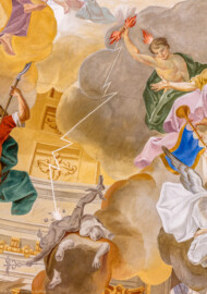 Schloss Bruchsal - Hauptbau / Corps de Logis - Beletage - Kuppelsaal - Kuppelfresko - Ausschnitt aus der westlichen "himmlischen" Zone - Darstellung eines Genius, Blitze auf niederstürzende nackte Gestalten schleudernd; die obere Figur stellt den Götterboten Hermes, der symbolisch für alle heidnischen Götzen gestürzt wird (urspünglich gemalt 1752 von Johannes Zick und Sohn Januarius, originalgetreu rekonstruiert 1966 von Karl Manninger) (aufgenommen im Juli 2018, am frühen Nachmittag) Schloss Bruchsal - Hauptbau / Corps de Logis - Beletage - Kuppelsaal - Kuppelfresko - Ausschnitt aus der westlichen "himmlischen" Zone - Darstellung eines Genius, Blitze auf niederstürzende nackte Gestalten schleudernd; die obere Figur stellt den Götterboten Hermes, der symbolisch für alle heidnischen Götzen gestürzt wird (urspünglich gemalt 1752 von Johannes Zick und Sohn Januarius, originalgetreu rekonstruiert 1966 von Karl Manninger) (aufgenommen im Juli 2018, am frühen Nachmittag)