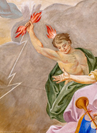 Schloss Bruchsal - Hauptbau / Corps de Logis - Beletage - Kuppelsaal - Kuppelfresko - Ausschnitt aus der westlichen "himmlischen" Zone - Darstellung eines Genius, Blitze auf niederstürzende nackte Gestalten schleudernd (urspünglich gemalt 1752 von Johannes Zick und Sohn Januarius, originalgetreu rekonstruiert 1966 von Karl Manninger) (aufgenommen im Juli 2018, am frühen Nachmittag) Schloss Bruchsal - Hauptbau / Corps de Logis - Beletage - Kuppelsaal - Kuppelfresko - Ausschnitt aus der westlichen "himmlischen" Zone - Darstellung eines Genius, Blitze auf niederstürzende nackte Gestalten schleudernd (urspünglich gemalt 1752 von Johannes Zick und Sohn Januarius, originalgetreu rekonstruiert 1966 von Karl Manninger) (aufgenommen im Juli 2018, am frühen Nachmittag)