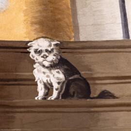 Schloss Bruchsal - Hauptbau / Corps de Logis - Beletage - Kuppelsaal - Kuppelfresko - Ausschnitt aus dem nordwestlichen "irdischen" Bereich - Darstellung eines Hundes, ein Symbol der Treue zu Gott, der Kirche und den Menschen (urspünglich gemalt 1752 von Johannes Zick und Sohn Januarius, originalgetreu rekonstruiert 1966 von Karl Manninger) (aufgenommen im Juli 2018, am späten Nachmittag) Schloss Bruchsal - Hauptbau / Corps de Logis - Beletage - Kuppelsaal - Kuppelfresko - Ausschnitt aus dem nordwestlichen "irdischen" Bereich - Darstellung eines Hundes, ein Symbol der Treue zu Gott, der Kirche und den Menschen (urspünglich gemalt 1752 von Johannes Zick und Sohn Januarius, originalgetreu rekonstruiert 1966 von Karl Manninger) (aufgenommen im Juli 2018, am späten Nachmittag)