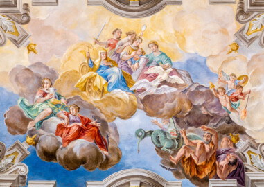 Schloss Bruchsal - Hauptbau / Corps de Logis - Erdgeschoss - Eingang / Intrada - Blick vom Zentrum der Intrada senkrecht nach oben auf das Deckengemälde: "Der Sieg der drei christlichen und und der vier weltlichen Tugenden über die Laster" (Malereien ursprünglich von Giovanni Francesco Marchini, 1735, restauriert von Hermenegild Peiker, 1991) (aufgenommen im Juli 2018, am Vormittag) Schloss Bruchsal - Hauptbau / Corps de Logis - Erdgeschoss - Eingang / Intrada - Blick vom Zentrum der Intrada senkrecht nach oben auf das Deckengemälde: "Der Sieg der drei christlichen und und der vier weltlichen Tugenden über die Laster" (Malereien ursprünglich von Giovanni Francesco Marchini, 1735, restauriert von Hermenegild Peiker, 1991) (aufgenommen im Juli 2018, am Vormittag)