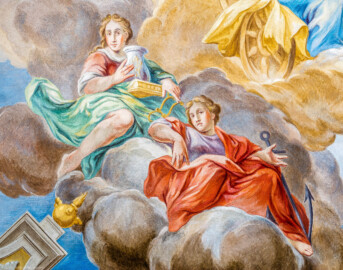 Schloss Bruchsal - Hauptbau / Corps de Logis - Erdgeschoss - Eingang / Intrada - Ausschnitt aus dem Deckengemälde: "Der Sieg der drei christlichen und und der vier weltlichen Tugenden über die Laster" (Malereien ursprünglich von Giovanni Francesco Marchini, 1735, restauriert von Hermenegild Peiker, 1991) (aufgenommen im Juli 2018, am späten Vormittag) Schloss Bruchsal - Hauptbau / Corps de Logis - Erdgeschoss - Eingang / Intrada - Ausschnitt aus dem Deckengemälde: "Der Sieg der drei christlichen und und der vier weltlichen Tugenden über die Laster" (Malereien ursprünglich von Giovanni Francesco Marchini, 1735, restauriert von Hermenegild Peiker, 1991) (aufgenommen im Juli 2018, am späten Vormittag)