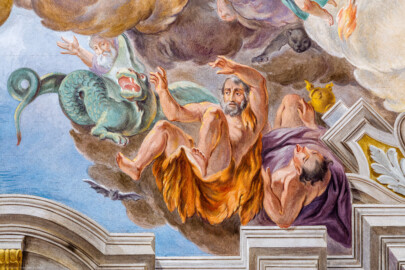 Schloss Bruchsal - Hauptbau / Corps de Logis - Erdgeschoss - Eingang / Intrada - Ausschnitt aus dem Deckengemälde: "Der Sieg der drei christlichen und und der vier weltlichen Tugenden über die Laster" (Malereien ursprünglich von Giovanni Francesco Marchini, 1735, restauriert von Hermenegild Peiker, 1991) (aufgenommen im Juli 2018, am späten Vormittag) Schloss Bruchsal - Hauptbau / Corps de Logis - Erdgeschoss - Eingang / Intrada - Ausschnitt aus dem Deckengemälde: "Der Sieg der drei christlichen und und der vier weltlichen Tugenden über die Laster" (Malereien ursprünglich von Giovanni Francesco Marchini, 1735, restauriert von Hermenegild Peiker, 1991) (aufgenommen im Juli 2018, am späten Vormittag)