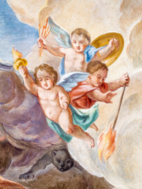 Schloss Bruchsal - Hauptbau / Corps de Logis - Erdgeschoss - Eingang / Intrada - Ausschnitt aus dem Deckengemälde: "Der Sieg der drei christlichen und und der vier weltlichen Tugenden über die Laster" (Malereien ursprünglich von Giovanni Francesco Marchini, 1735, restauriert von Hermenegild Peiker, 1991) (aufgenommen im Juli 2018, am späten Vormittag) Schloss Bruchsal - Hauptbau / Corps de Logis - Erdgeschoss - Eingang / Intrada - Ausschnitt aus dem Deckengemälde: "Der Sieg der drei christlichen und und der vier weltlichen Tugenden über die Laster" (Malereien ursprünglich von Giovanni Francesco Marchini, 1735, restauriert von Hermenegild Peiker, 1991) (aufgenommen im Juli 2018, am späten Vormittag)