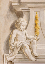 Schloss Bruchsal - Hauptbau / Corps de Logis - Erdgeschoss - Eingangshalle / Intrada - Nordwestliche Tür - Blick auf den linken Putto der Türbekrönung mit dem Medaillon des Philosophen Aristoteles (Malereien ursprünglich von Giovanni Francesco Marchini, restauriert von Hermenegild Peiker) (aufgenommen im August 2018, am Nachmittag) Schloss Bruchsal - Hauptbau / Corps de Logis - Erdgeschoss - Eingangshalle / Intrada - Nordwestliche Tür - Blick auf den linken Putto der Türbekrönung mit dem Medaillon des Philosophen Aristoteles (Malereien ursprünglich von Giovanni Francesco Marchini, restauriert von Hermenegild Peiker) (aufgenommen im August 2018, am Nachmittag)