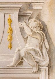 Schloss Bruchsal - Hauptbau / Corps de Logis - Erdgeschoss - Eingangshalle / Intrada - Südwestliche Tür - Blick auf den rechten Putto der Türbekrönung mit dem Medaillon des Philosophen Seneca (Malereien ursprünglich von Giovanni Francesco Marchini, restauriert von Hermenegild Peiker) (aufgenommen im August 2018, am Nachmittag) Schloss Bruchsal - Hauptbau / Corps de Logis - Erdgeschoss - Eingangshalle / Intrada - Südwestliche Tür - Blick auf den rechten Putto der Türbekrönung mit dem Medaillon des Philosophen Seneca (Malereien ursprünglich von Giovanni Francesco Marchini, restauriert von Hermenegild Peiker) (aufgenommen im August 2018, am Nachmittag)