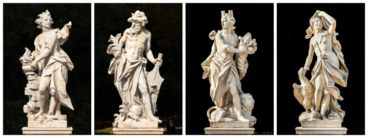 Schloss Bruchsal - Garten - Hauptachse, Süd- und Nordseite - Skulpturen (v.l.n.r.) "Das Feuer", "Das Wasser", "Die Erde" und "Die Luft" aus dem Skulpturenensemble "Vier Elemente" (Kopien; Originale gehauen 1761 von Joachim Günther, befinden sich im Gartensaal des Hauptbaus) (aufgenommen im September 2018) Schloss Bruchsal - Garten - Hauptachse, Süd- und Nordseite - Skulpturen (v.l.n.r.) "Das Feuer", "Das Wasser", "Die Erde" und "Die Luft" aus dem Skulpturenensemble "Vier Elemente" (Kopien; Originale gehauen 1761 von Joachim Günther, befinden sich im Gartensaal des Hauptbaus) (aufgenommen im September 2018)