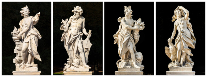 Schloss Bruchsal - Garten - Hauptachse, Süd- und Nordseite - Skulpturen (v.l.n.r.) "Das Feuer", "Das Wasser", "Die Erde" und "Die Luft" aus dem Skulpturenensemble "Vier Elemente" (Kopien; Originale gehauen 1761 von Joachim Günther, befinden sich im Gartensaal des Hauptbaus) (aufgenommen im September 2018)