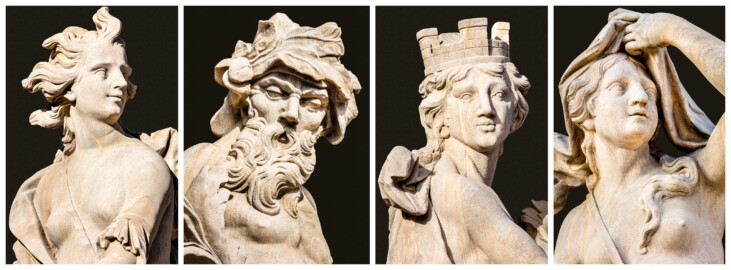 Schloss Bruchsal - Garten - Hauptachse, Süd- und Nordseite - Köpfe der Skulpturen (v.l.n.r.) "Das Feuer", "Das Wasser", "Die Erde" und "Die Luft" aus dem Skulpturenensemble "Vier Elemente" (Kopien; Originale gehauen 1761 von Joachim Günther, befinden sich im Gartensaal des Hauptbaus) (aufgenommen im September 2018)