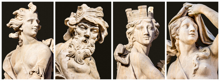 Schloss Bruchsal - Garten - Hauptachse, Süd- und Nordseite - Köpfe der Skulpturen (v.l.n.r.) "Das Feuer", "Das Wasser", "Die Erde" und "Die Luft" aus dem Skulpturenensemble "Vier Elemente" (Kopien; Originale gehauen 1761 von Joachim Günther, befinden sich im Gartensaal des Hauptbaus) (aufgenommen im September 2018) Schloss Bruchsal - Garten - Hauptachse, Süd- und Nordseite - Köpfe der Skulpturen (v.l.n.r.) "Das Feuer", "Das Wasser", "Die Erde" und "Die Luft" aus dem Skulpturenensemble "Vier Elemente" (Kopien; Originale gehauen 1761 von Joachim Günther, befinden sich im Gartensaal des Hauptbaus) (aufgenommen im September 2018)