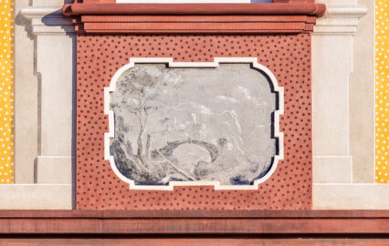 Schloss Bruchsal - Kirchenflügel / Hofkirche / St. Damian und Hugo - Von Westen - Untere mittlere Landschaftgrisaille der Westfassade (ursprünglich gemalt von Giovanni Francesco Marchini, zwischen 1732 und 1737) (aufgenommen im September 2018, am späten Nachmittag) Schloss Bruchsal - Kirchenflügel / Hofkirche / St. Damian und Hugo - Von Westen - Untere mittlere Landschaftgrisaille der Westfassade (ursprünglich gemalt von Giovanni Francesco Marchini, zwischen 1732 und 1737) (aufgenommen im September 2018, am späten Nachmittag)