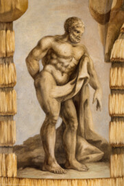 Schloss Bruchsal - Hauptbau - Erdgeschoss - Grotte, Südseite - Von Süden - Männliche Figur (Malereien ursprünglich von Giovanni Francesco Marchini, 1731 bis 1736, rekonstruiert von Manfred Leitenmeier, 1971 bis 1980) (aufgenommen im Oktober 2018, am frühen Nachmittag)