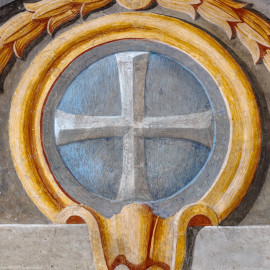 Schloss Bruchsal - Hauptbau - Erdgeschoss - Gartensaal / Sala Terrena - Bogenfeld über der Nordtür - 12. Wappen (element), des Bistums Speyer - Zählung beginnend an der Osttür, dann im Kreis nach Süden (Malereien ursprünglich von Giovanni Francesco Marchini, zwischen 1731 und 1736, restauriert von der Restauratoren-Arbeitsgemeinschaft Alfred Panowsky / Klaus Siller, 1982 bis 1986) (aufgenommen im November 2018, am Nachmittag) Schloss Bruchsal - Hauptbau - Erdgeschoss - Gartensaal / Sala Terrena - Bogenfeld über der Nordtür - 12. Wappen (element), des Bistums Speyer - Zählung beginnend an der Osttür, dann im Kreis nach Süden (Malereien ursprünglich von Giovanni Francesco Marchini, zwischen 1731 und 1736, restauriert von der Restauratoren-Arbeitsgemeinschaft Alfred Panowsky / Klaus Siller, 1982 bis 1986) (aufgenommen im November 2018, am Nachmittag)