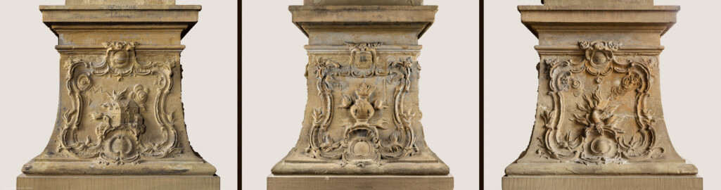 Schloss Bruchsal - Hauptbau - Erdgeschoss - Gartensaal / Sala Terrena - Skulptur "Das Feuer" im Südwesten - v.l.n.r.: linke Seite (Südseite), Frontseite (Ostseite) und rechte Seite (Nordseite) des Sockels der Skulptur "Das Feuer" aus dem Skulpturenensemble "Vier Elemente" (gehauen von Joachim Günther; eine Kopie befindet sich im Schlossgarten) (aufgenommen im November 2018, am frühen Nachmittag)