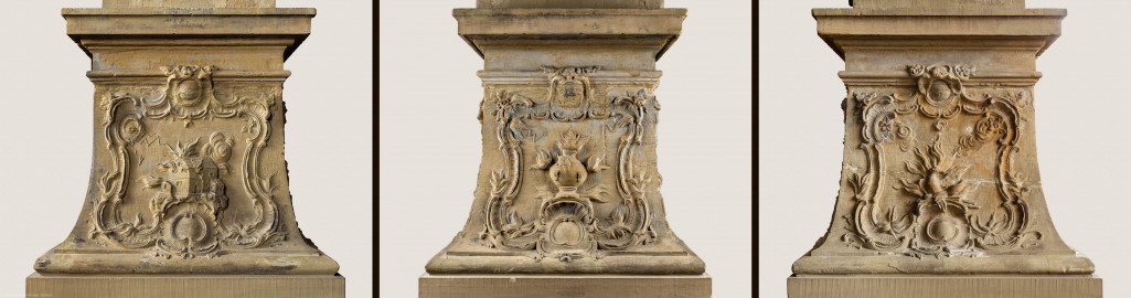 Schloss Bruchsal - Hauptbau - Erdgeschoss - Gartensaal / Sala Terrena - Skulptur "Das Feuer" im Südwesten - v.l.n.r.: linke Seite (Südseite), Frontseite (Ostseite) und rechte Seite (Nordseite) des Sockels der Skulptur "Das Feuer" aus dem Skulpturenensemble "Vier Elemente" (gehauen von Joachim Günther; eine Kopie befindet sich im Schlossgarten) (aufgenommen im November 2018, am frühen Nachmittag) Schloss Bruchsal - Hauptbau - Erdgeschoss - Gartensaal / Sala Terrena - Skulptur "Das Feuer" im Südwesten - v.l.n.r.: linke Seite (Südseite), Frontseite (Ostseite) und rechte Seite (Nordseite) des Sockels der Skulptur "Das Feuer" aus dem Skulpturenensemble "Vier Elemente" (gehauen von Joachim Günther; eine Kopie befindet sich im Schlossgarten) (aufgenommen im November 2018, am frühen Nachmittag)