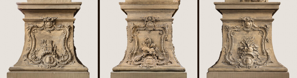 Schloss Bruchsal - Hauptbau - Erdgeschoss - Gartensaal / Sala Terrena - Skulptur "Die Erde" im Nordwesten - v.l.n.r.: linke Seite (Südseite), Frontseite (Ostseite) und rechte Seite (Nordseite) des Sockels der Skulptur "Die Erde" aus dem Skulpturenensemble "Vier Elemente" (gehauen von Joachim Günther; eine Kopie befindet sich im Schlossgarten) (aufgenommen im November 2018, am frühen Nachmittag)