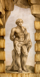Schloss Bruchsal - Hauptbau - Erdgeschoss - Grotte, Nordseite - Von Norden - Männliche Figur (Malereien ursprünglich von Giovanni Francesco Marchini, 1731 bis 1736, rekonstruiert von Manfred Leitenmeier, 1971 bis 1980) (aufgenommen im Januar 2019, am Nachmittag)