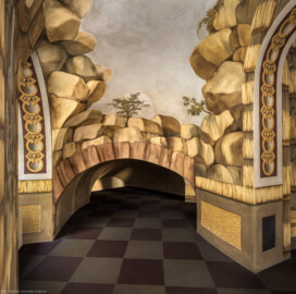 Schloss Bruchsal - Hauptbau - Erdgeschoss - Grotte, Nordostseite - Von Westen - Blick von der nördlichen Tür nach Osten in den Umgang (Malereien ursprünglich von Giovanni Francesco Marchini, 1731 bis 1736, rekonstruiert von Manfred Leitenmeier, 1971 bis 1980) (aufgenommen im Januar 2019, am Nachmittag)