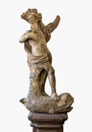 Schloss Bruchsal - Hauptbau - Erdgeschoss, Südhälfte - Gang nach Süden - Blick auf die Skulptur des Neptuns (erstellt vermutlich von Johann Valentin Götz, 1694-1758) (aufgenommen im Januar 2019, am frühen Nachmittag) Schloss Bruchsal - Hauptbau - Erdgeschoss, Südhälfte - Gang nach Süden - Blick auf die Skulptur des Neptuns (erstellt vermutlich von Johann Valentin Götz, 1694-1758) (aufgenommen im Januar 2019, am frühen Nachmittag)