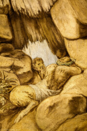 Schloss Bruchsal - Hauptbau - Erdgeschoss - Grotte - Zentrales Gewölbe, Nordwestseite - Blick auf eine Szene mit mythologischen Figuren (Malereien ursprünglich von Giovanni Francesco Marchini, 1731 bis 1736, rekonstruiert von Manfred Leitenmeier, 1971 bis 1980) (aufgenommen im Januar 2019, am Nachmittag)