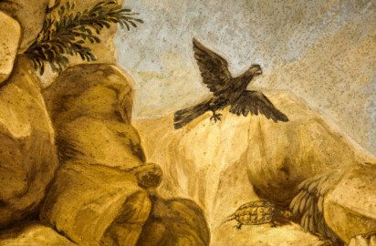 Schloss Bruchsal - Hauptbau - Erdgeschoss - Grotte - Zentrales Gewölbe, Südseite - Blick auf eine Szene mit einem Vogel und einem Kriechtier (Malereien ursprünglich von Giovanni Francesco Marchini, 1731 bis 1736, rekonstruiert von Manfred Leitenmeier, 1971 bis 1980) (aufgenommen im Januar 2019, am späten Nachmittag)