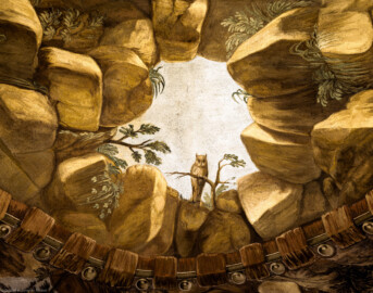 Schloss Bruchsal - Hauptbau - Erdgeschoss - Grotte - Zentrales Gewölbe, Ostseite - Blick auf eine Szene mit Eule östlich des großen Steinbogens (Malereien ursprünglich von Giovanni Francesco Marchini, 1731 bis 1736, rekonstruiert von Manfred Leitenmeier, 1971 bis 1980) (aufgenommen im Februar 2019, am Nachmittag) Schloss Bruchsal - Hauptbau - Erdgeschoss - Grotte - Zentrales Gewölbe, Ostseite - Blick auf eine Szene mit Eule östlich des großen Steinbogens (Malereien ursprünglich von Giovanni Francesco Marchini, 1731 bis 1736, rekonstruiert von Manfred Leitenmeier, 1971 bis 1980) (aufgenommen im Februar 2019, am Nachmittag)