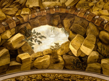 Schloss Bruchsal - Hauptbau - Erdgeschoss - Grotte - Zentrales Gewölbe, Westseite - Blick auf eine Szene westlich des großen Steinbogens (Malereien ursprünglich von Giovanni Francesco Marchini, 1731 bis 1736, rekonstruiert von Manfred Leitenmeier, 1971 bis 1980) (aufgenommen im Februar 2019, am Nachmittag) Schloss Bruchsal - Hauptbau - Erdgeschoss - Grotte - Zentrales Gewölbe, Westseite - Blick auf eine Szene westlich des großen Steinbogens (Malereien ursprünglich von Giovanni Francesco Marchini, 1731 bis 1736, rekonstruiert von Manfred Leitenmeier, 1971 bis 1980) (aufgenommen im Februar 2019, am Nachmittag)